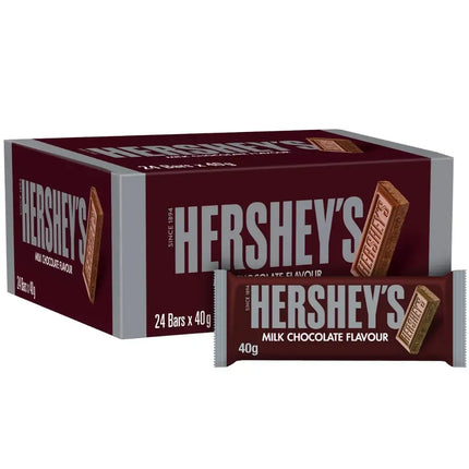 A box of Hershey's Milk Chocolate Bars, containing 24 bars, each weighing 40g.