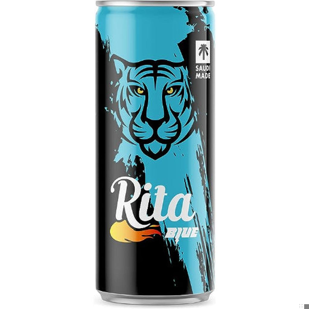 Rita Blue Sparkling Drink in a 240ml can with an artistic tiger design, Saudi made label visible.