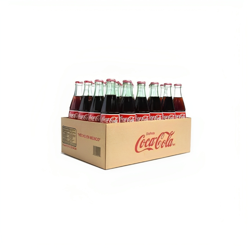 24-pack of Mexican Coca-Cola Original Taste in 355ml glass bottles, displayed in a branded cardboard case.