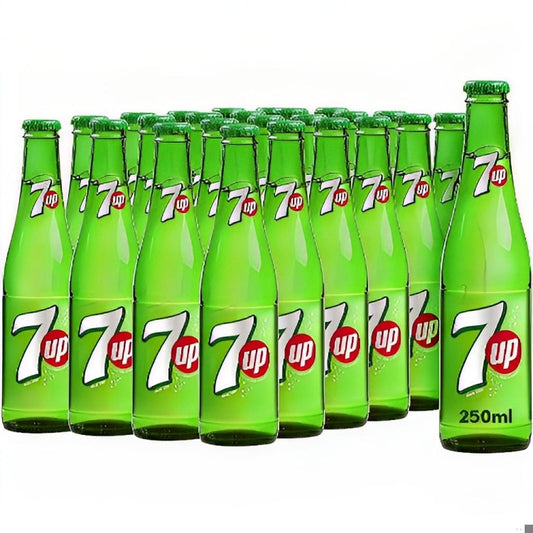 Pack of 24 7up Carbonated Soft Drink in 250ml Glass Bottles with visible brand logo and volume measurement.