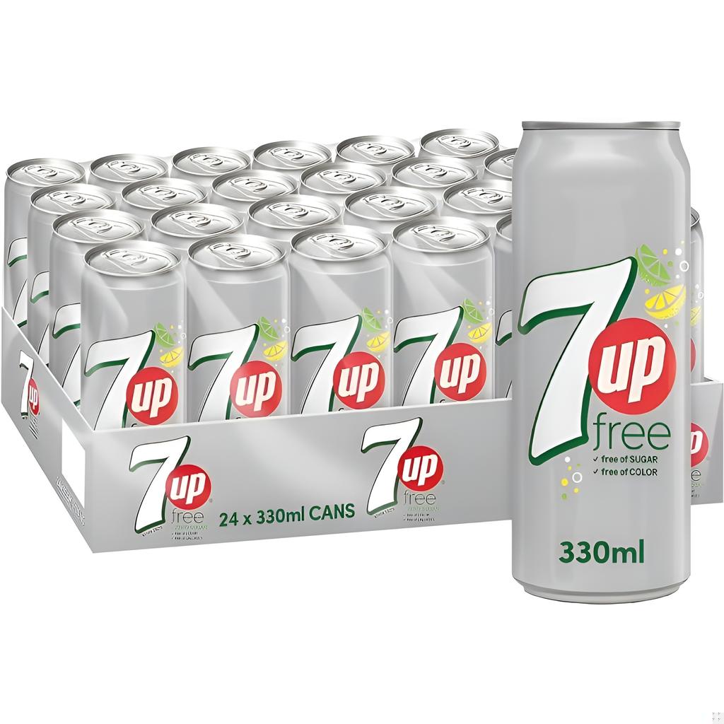 Pack of 24 sugar-free 7up Free carbonated soft drink cans in 330ml size displayed in a neat, angled array.