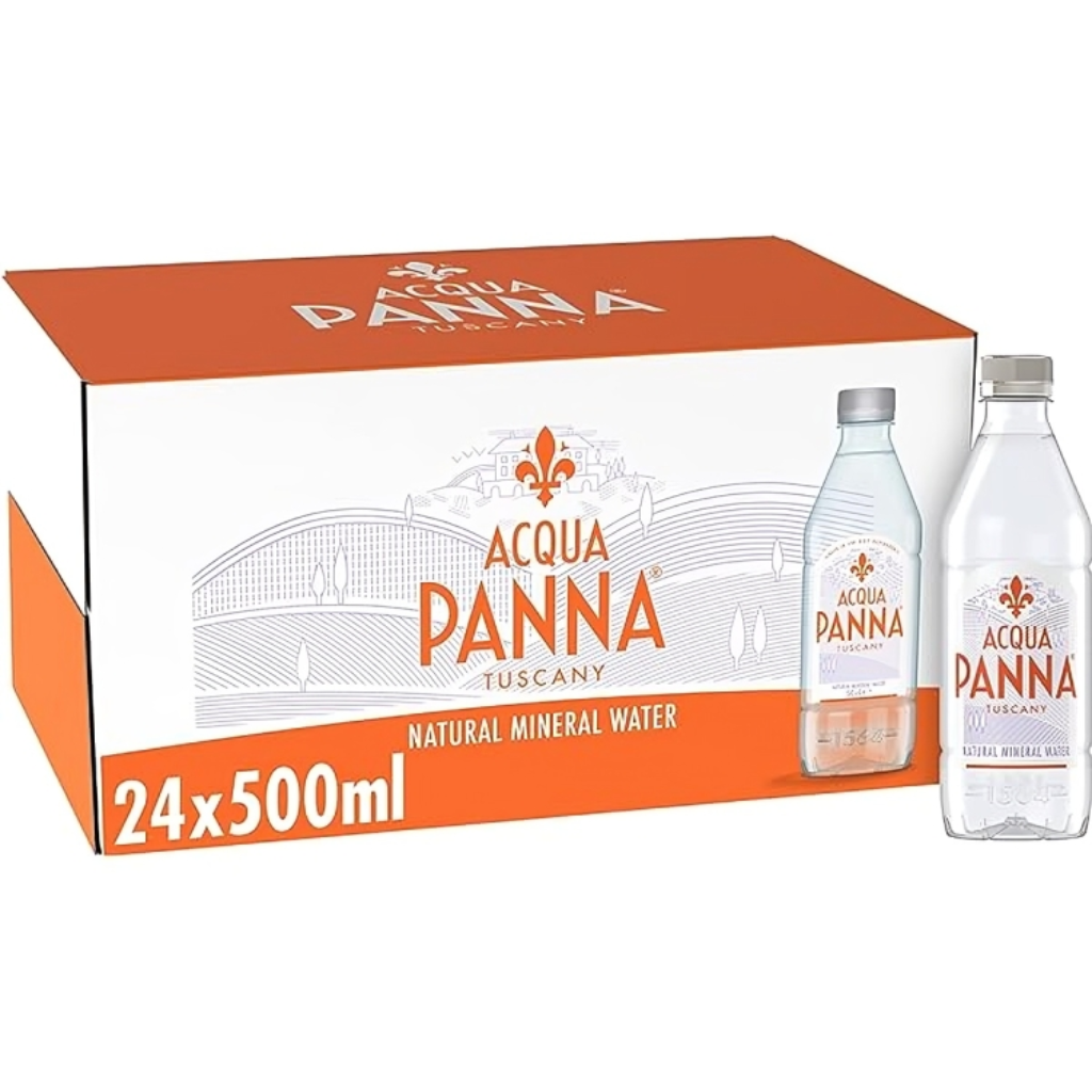 Pack of 24 Acqua Panna Natural Mineral Water in 500ml plastic bottles with branded cardboard box.