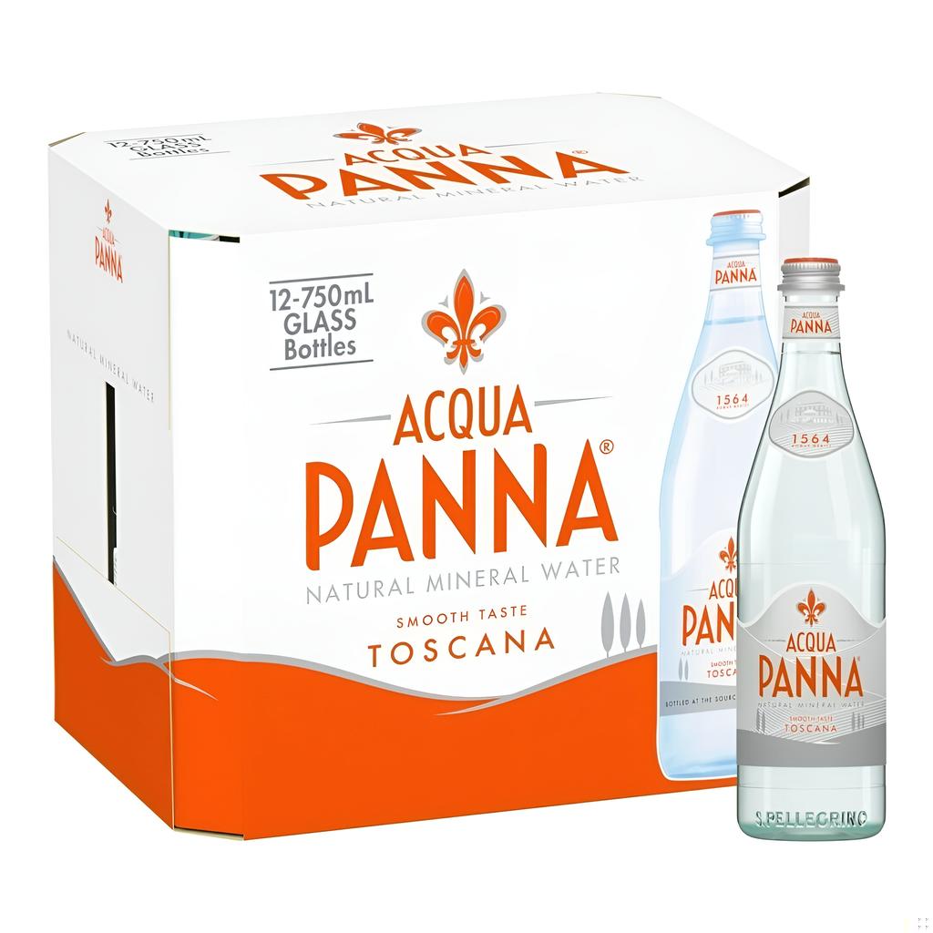 Pack of 12 Acqua Panna Natural Mineral Water in 750ml Glass Bottles with Brand Packaging.