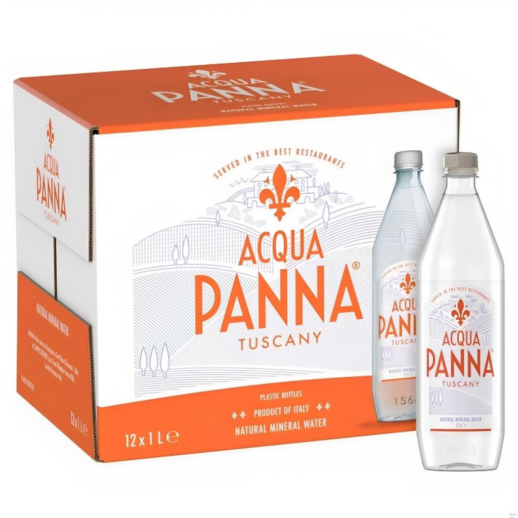 Pack of 24 1-liter Acqua Panna Natural Mineral Water bottles in plastic, with logo, from Tuscany, displayed alongside cardboard box packaging.