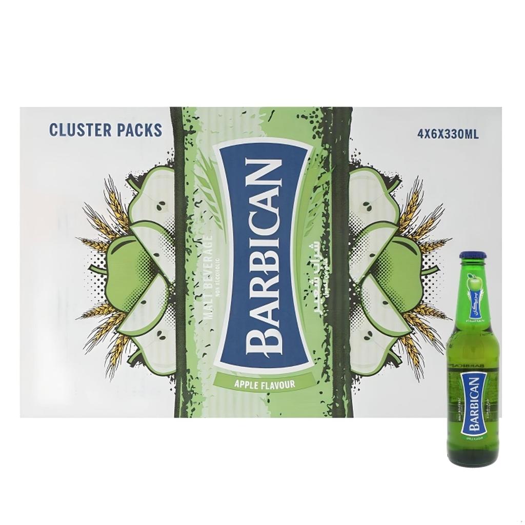 Pack of Barbican Apple Flavoured Non-Alcoholic Malt Beverage showing 24x330ml cluster packs and a single bottle.