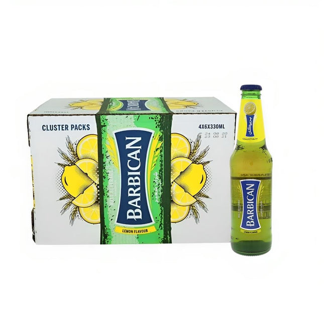 Pack of 24 Barbican Lemon Flavoured Non-Alcoholic Malt Beverages 330ml bottles with packaging displaying lemon slices.