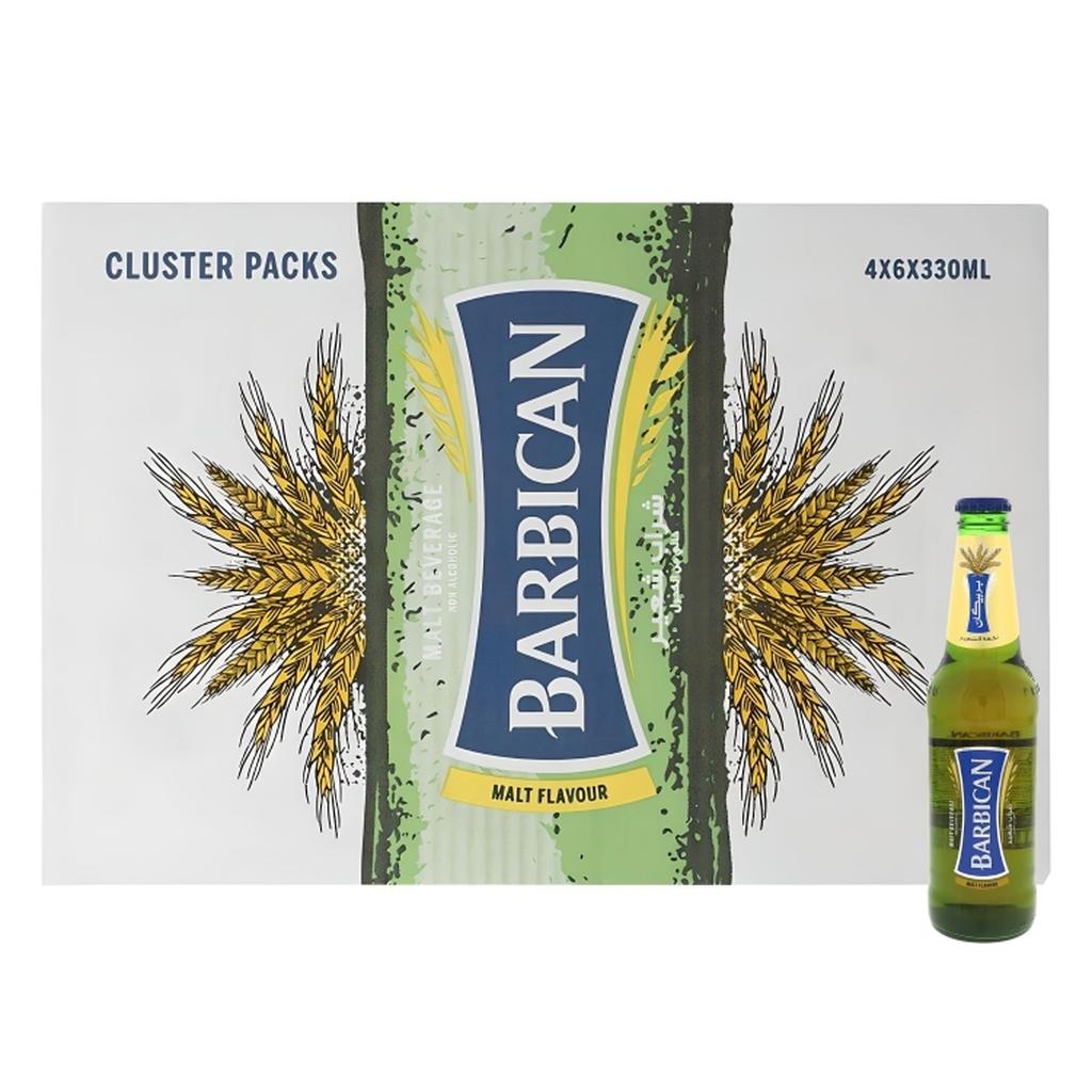 Pack of 24 Barbican Non-Alcoholic Malt Beverage 330ml bottles with cluster packs design and isolated product bottle on white background.