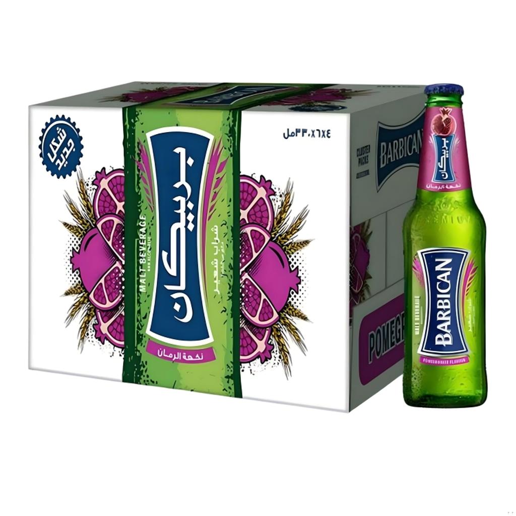 Pack of 24 Barbican Pomegranate Non-Alcoholic Malt Beverage bottles 330ml with branding and fruit illustration on the packaging.