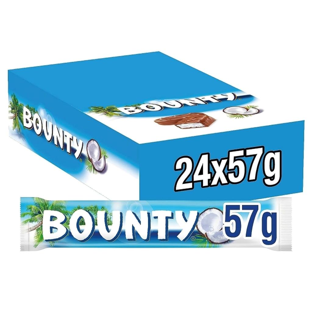 Pack of 24 Bounty Milk and Coconut Chocolate bars weighing 57 grams each, displayed in blue box packaging with coconut and palm imagery.