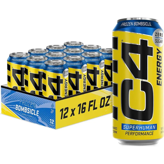 A pack of 12 Cellucor C4 Frozen Bombsicle Explosive Energy Drink cans in a 500ml size, with a yellow and blue design, indicating a flavor inspired by popsicles.