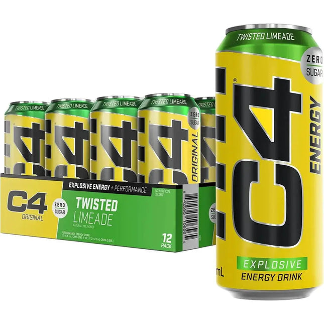 A pack of Cellucor C4 Twisted Limeade Explosive Energy Drink cans, containing 12 cans of 500ml each, with a green and yellow label.