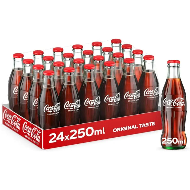 Packaging of Coca-Cola bottles with red caps and a white label.