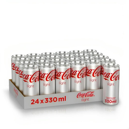 Pack of 24 Coca Cola Light 330ml cans arranged neatly with prominent branding visible.