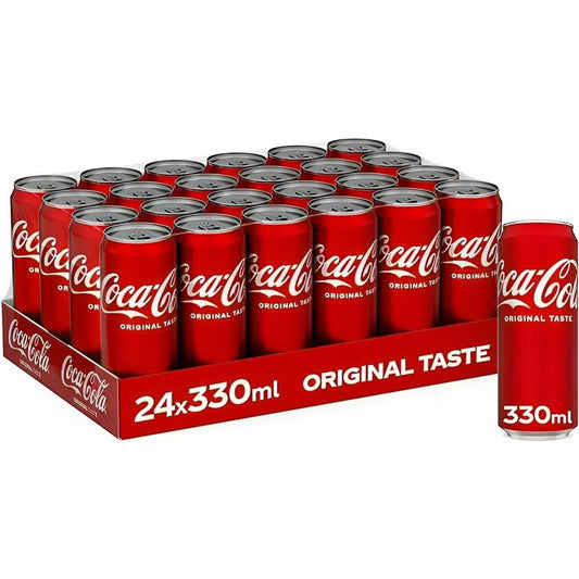 Pack of 24 Coca Cola Original Taste cans in 330ml volume showing iconic red design and logo, displayed in a grid with one can standing apart.