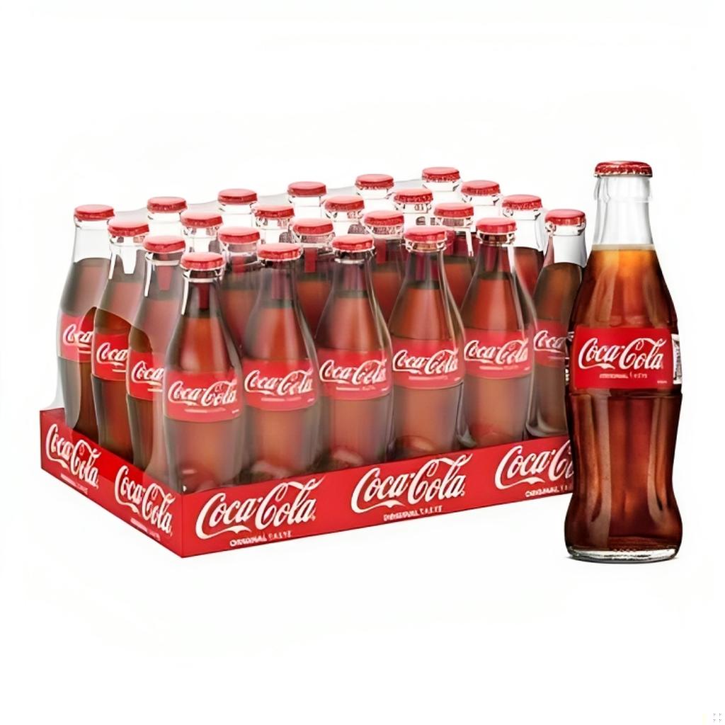 Pack of 24 classic Coca-Cola Original Taste glass bottles, 250ml each, displayed in a red cardboard tray with one bottle standing separate to the side.