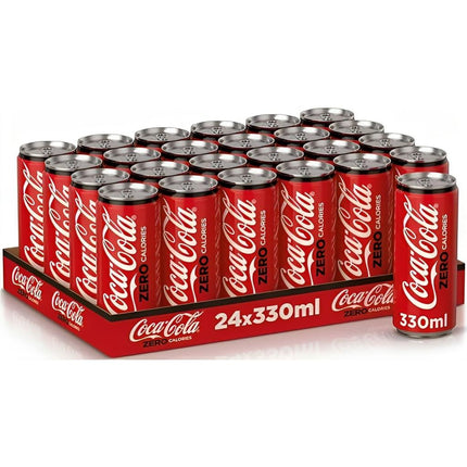 Pack of 24 Coca-Cola Zero Sugar 330ml cans, calorie-free carbonated soft drink, displayed in a neat stack.