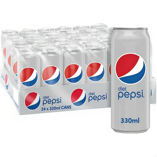 Pack of 24 Diet Pepsi Carbonated Soft Drink Cans, each containing 330ml, displayed in a neat arrangement with one can standing upright showcasing the Diet Pepsi logo.