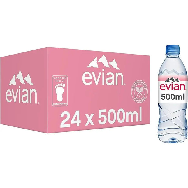 A case of Evian Natural Mineral Water with 24x500ml bottles, featuring the Evian logo and the phrase '24 x 500ml' on the pink packaging.