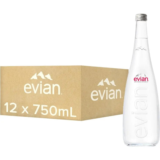 A case of Evian Natural Mineral Glass Bottles, containing twelve 750ml bottles, with a single bottle displayed in front.