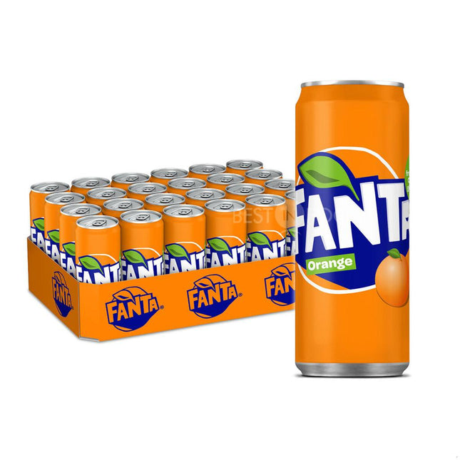 Pack of 24 Fanta Orange carbonated soft drink cans, 330ml each, showcased with one can standing upright beside the stack.