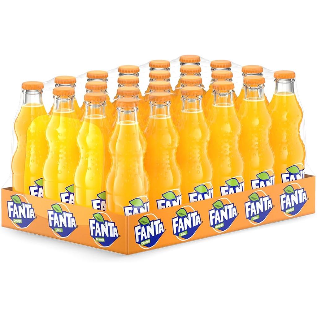 Pack of 24 Fanta Orange Carbonated Soft Drink in 250ml Glass Bottles, vibrant orange color with branded packaging