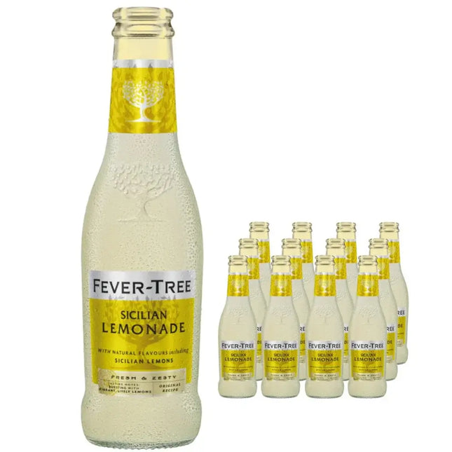 Fever-Tree Sicilian Lemonade bottle with multiple bottles in the background on a white background