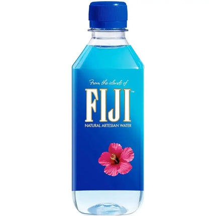 FIJI natural artesian water bottle with blue label and pink flower on a white background