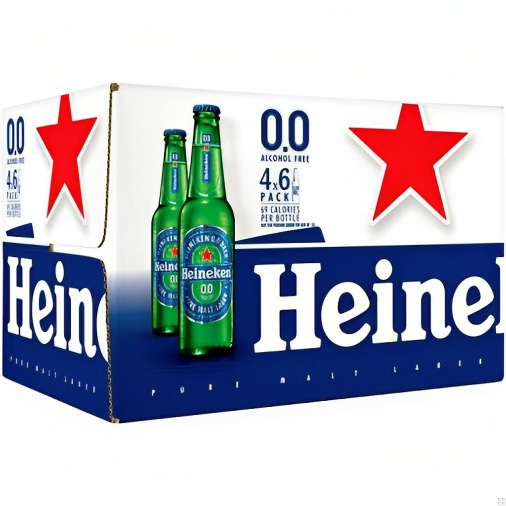 Pack of 24 Heineken 0.0 non-alcoholic beer cans 330ml displayed in box with two green bottles in front.