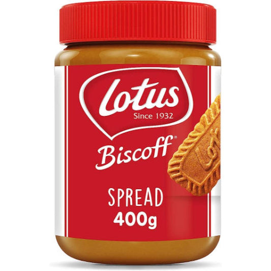 Jar of Lotus Biscoff Biscuit Spread 400g with iconic red label and brand logo.