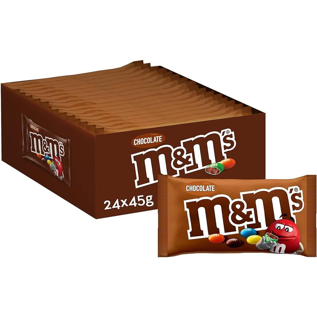 Bulk pack of M&M'S Milk Chocolate in a 24x45g box display with individual candy bags.