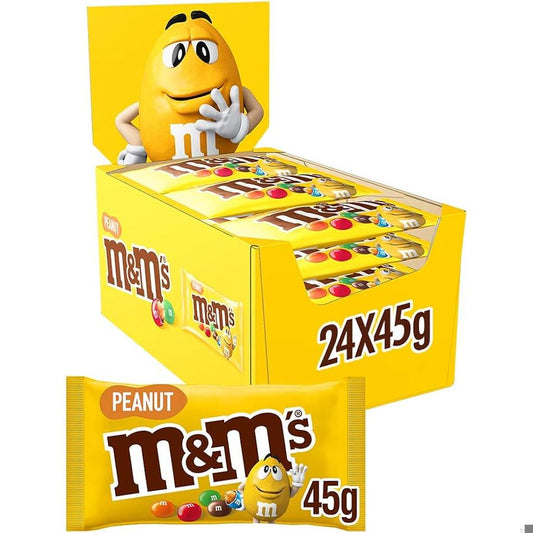 Box of M&M'S Peanut Chocolate with individual 45g packs and mascot display