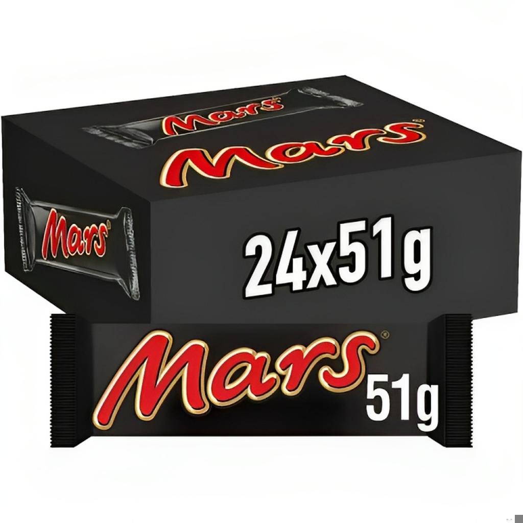 Box of Mars Nougat and Caramel Filled Chocolate Bars, 24 count of 51g each, displayed on a dark background.