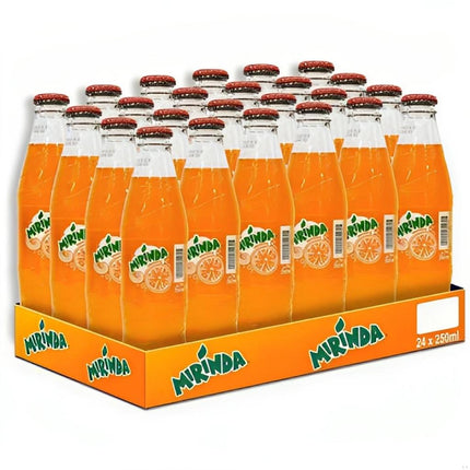 Pack of 24 Mirinda Orange Flavored Carbonated Soft Drink in 250ml Glass Bottles