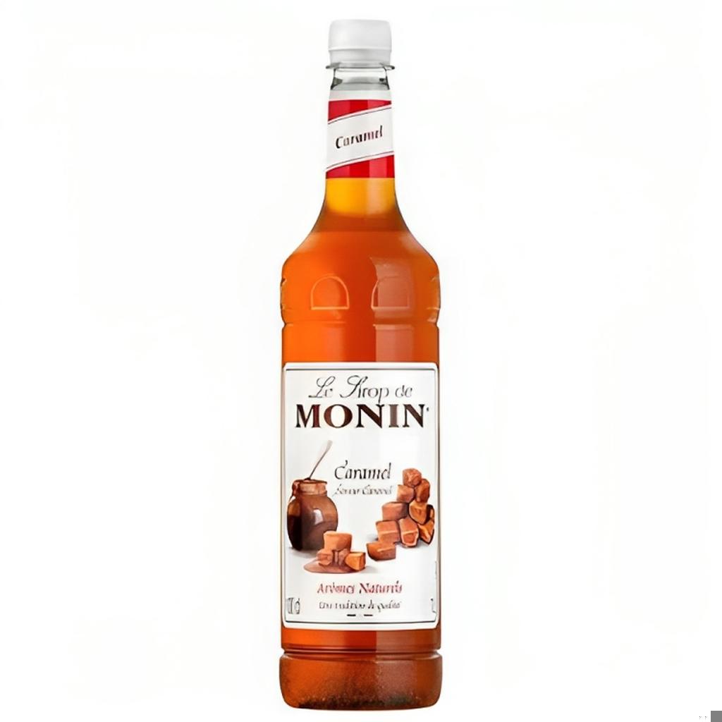 1-liter bottle of Monin Caramel Syrup with label, showcased on a white background for culinary use in coffee and cocktails.