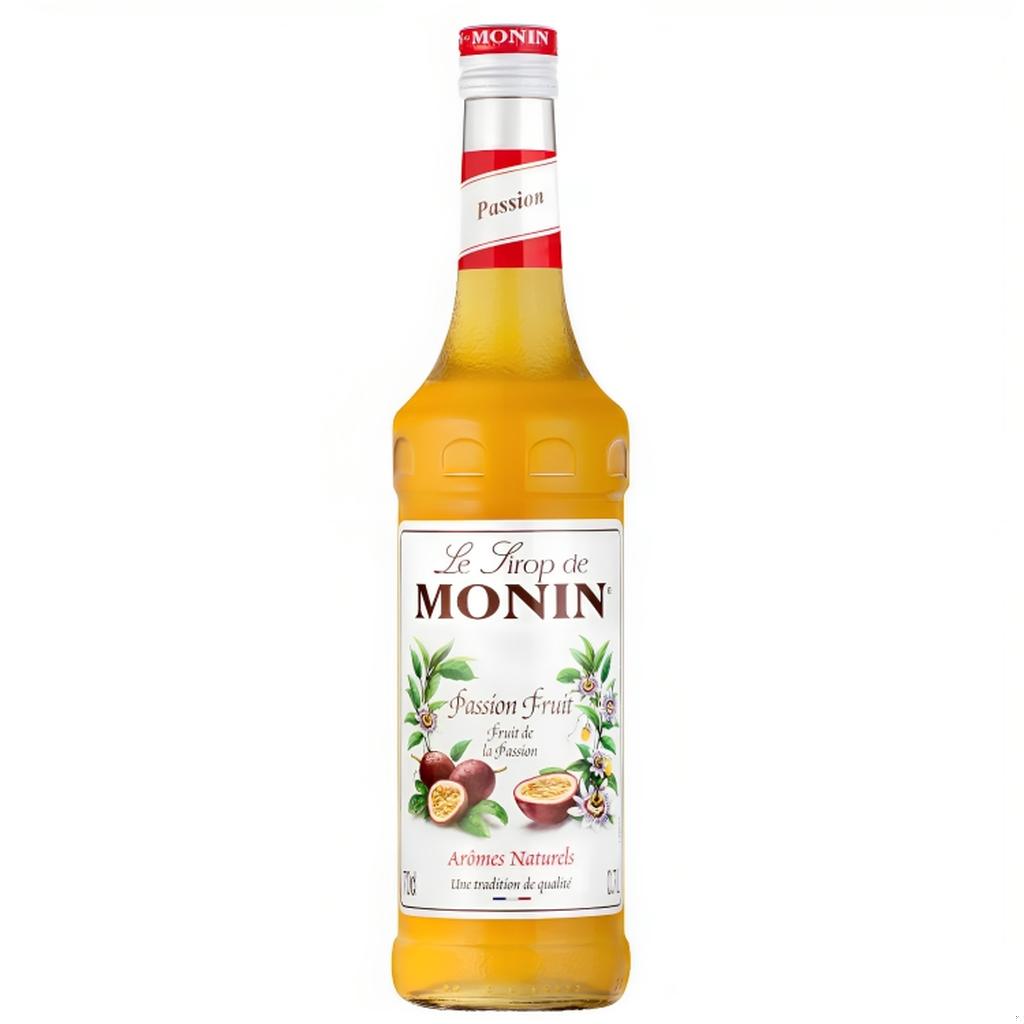 Monin Passion Fruit Syrup 1L bottle with label and fruit illustration on white background.