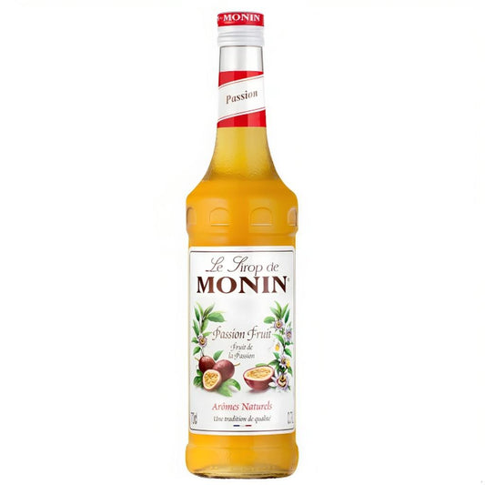 Monin Passion Fruit Syrup 1L bottle with label and fruit illustration on white background.