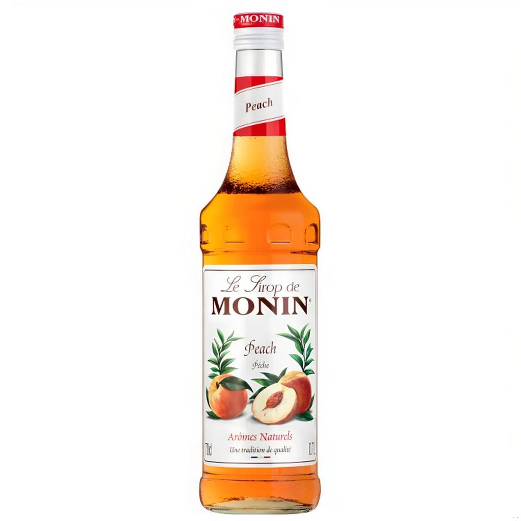 Monin Peach Syrup 1L bottle with label and natural flavor illustration, perfect for cocktails and recipes.