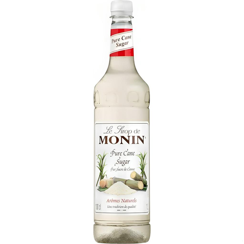 1-liter bottle of Monin Pure Cane Sugar Syrup with clear labeling and natural sugar cane illustration.