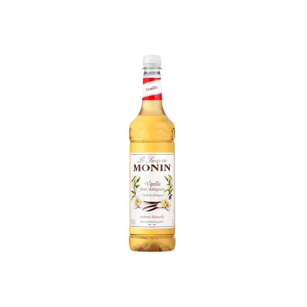 1L Monin Vanilla Syrup bottle with label showcasing natural vanilla from Madagascar against a white background.