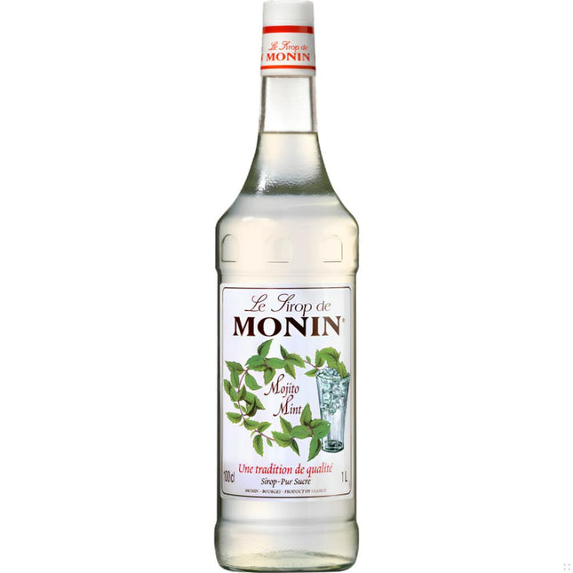 1L Monin Wild Mint Mojito Syrup bottle with clear liquid and label showcasing mint leaves and a mojito glass.