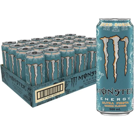 Monster Energy Ultra Fiesta energy drink cans with a box on a white background