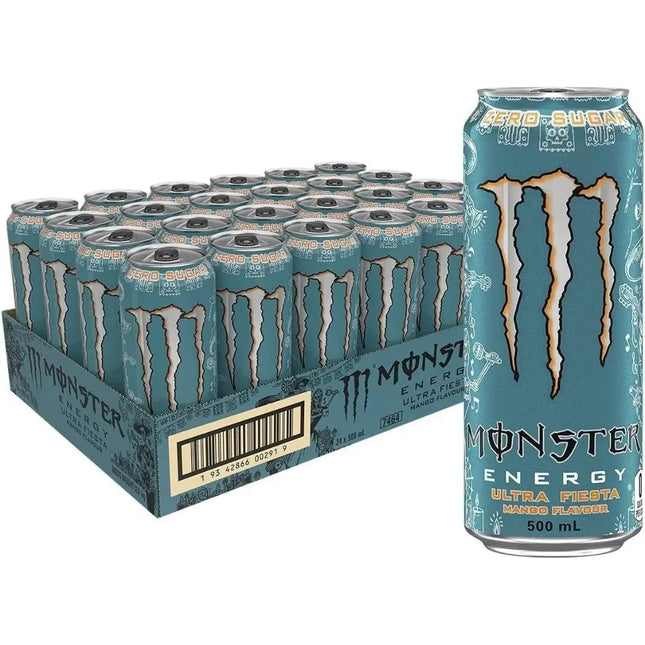 Monster Energy Ultra Fiesta energy drink cans with a box on a white background
