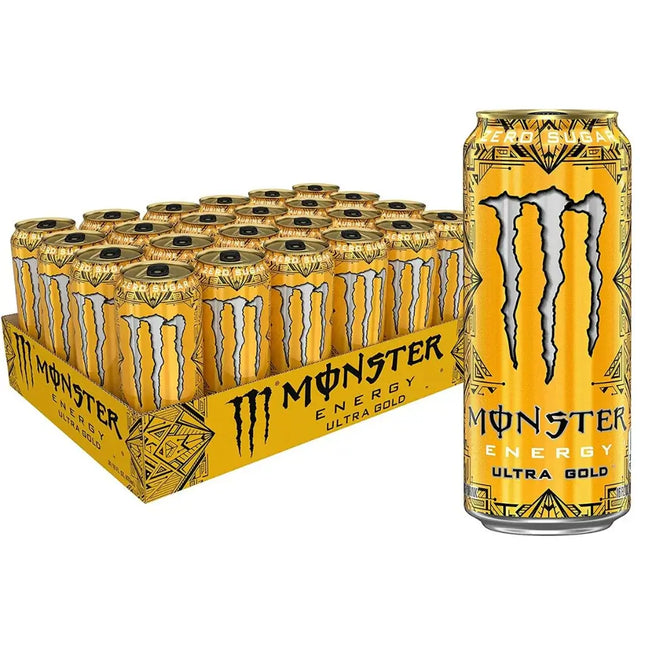 Monster Energy Ultra Gold cans and packaging on a white background