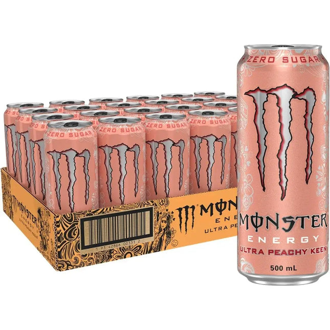 Box of Monster Energy Ultra Peachy Keen drinks with a single can in front