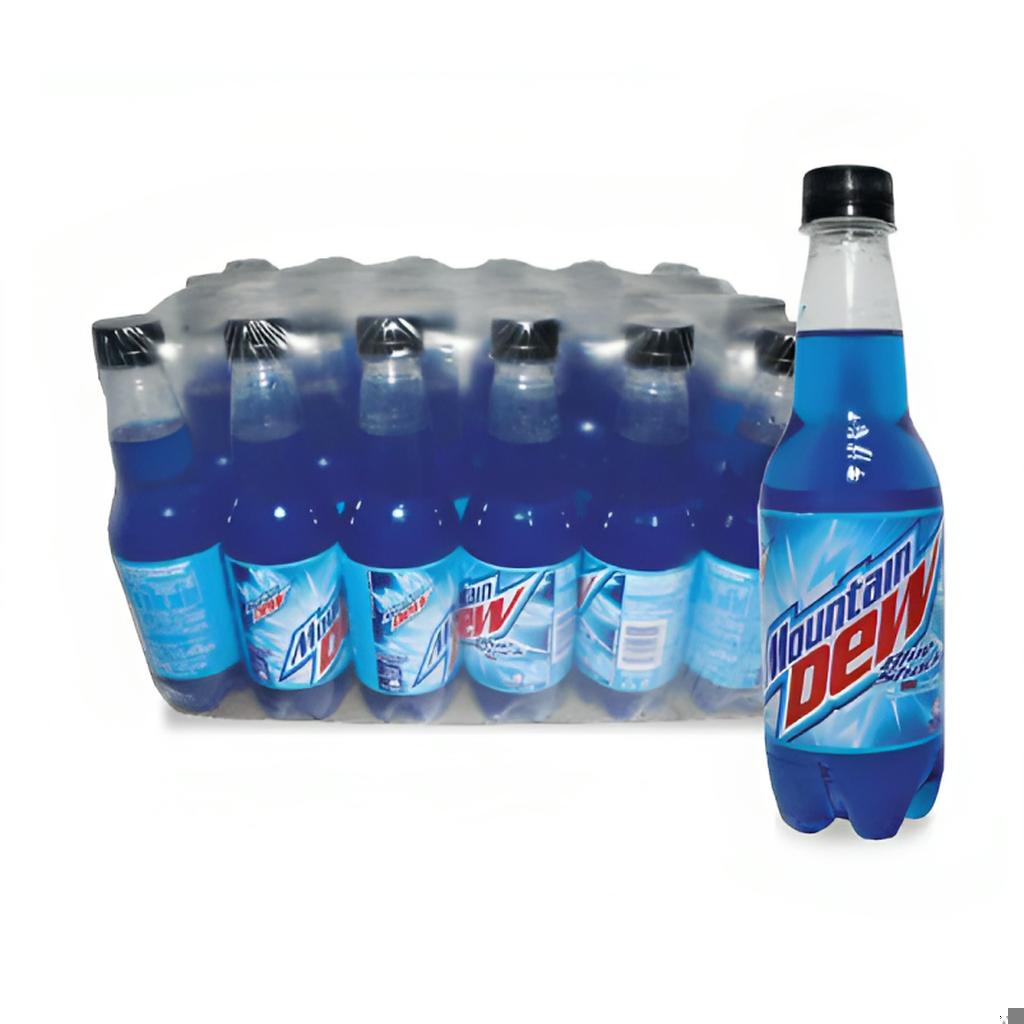 Pack of 24 Mountain Dew Blue Shock 400ml bottles, vibrant blue carbonated beverage displayed with a single bottle in front for clear branding visibility.