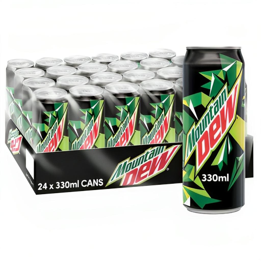 Pack of 24 Mountain Dew Carbonated Soft Drinks in 330ml Cans showing the logo and design.