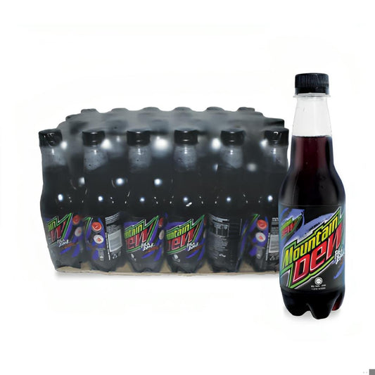 Pack of 24 Mountain Dew Pitch Black 400ml bottles showing distinctive purple label with a single bottle in front, isolated on white background.