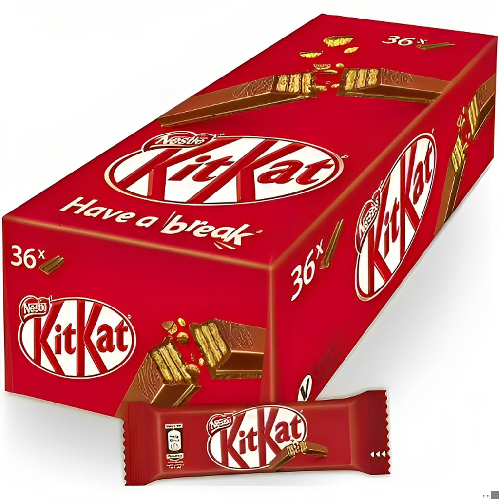 Box of Nestle KitKat 2 Finger Milk Chocolate Wafers, 36 pack, with distinct red packaging and visible product branding alongside a single unwrapped chocolate piece.