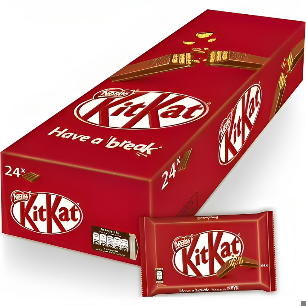 Nestle KitKat 4 Finger Milk Chocolate Wafer Box containing 24 packs of 41.5g each displayed on a white background.