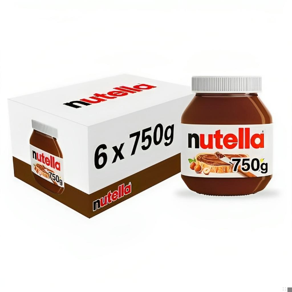 Pack of 6 Nutella Hazelnut Chocolate Spread 750g jars displayed next to a single Nutella jar with visible branding and product quantity.